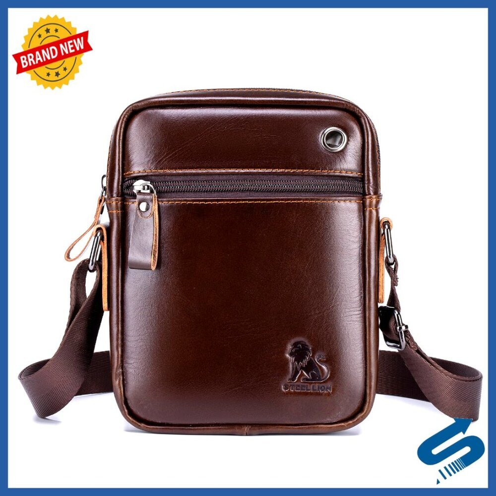 Genuine Leather Men's Shoulder Bag Crossbody Adjustable Strap Multiple Pockets